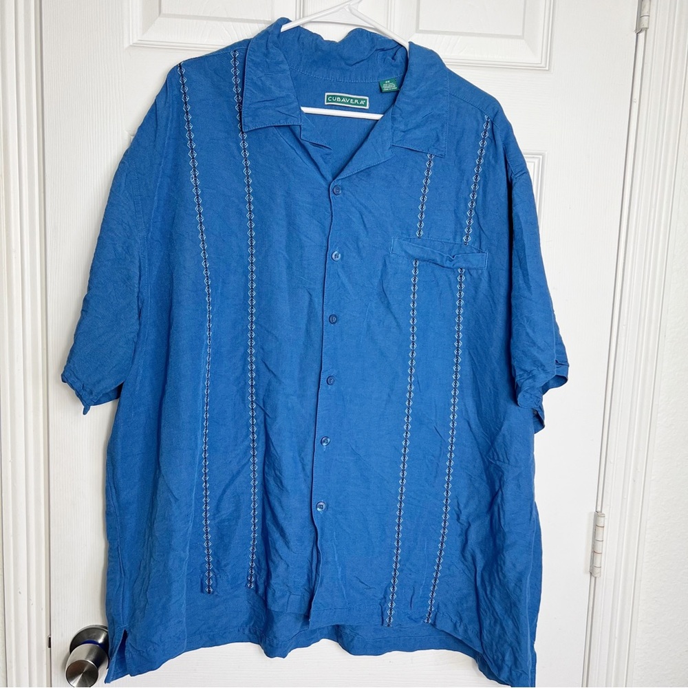 Cubavera | Men Guayabera Mexican Wedding Camp Shirt Embroidered Blue